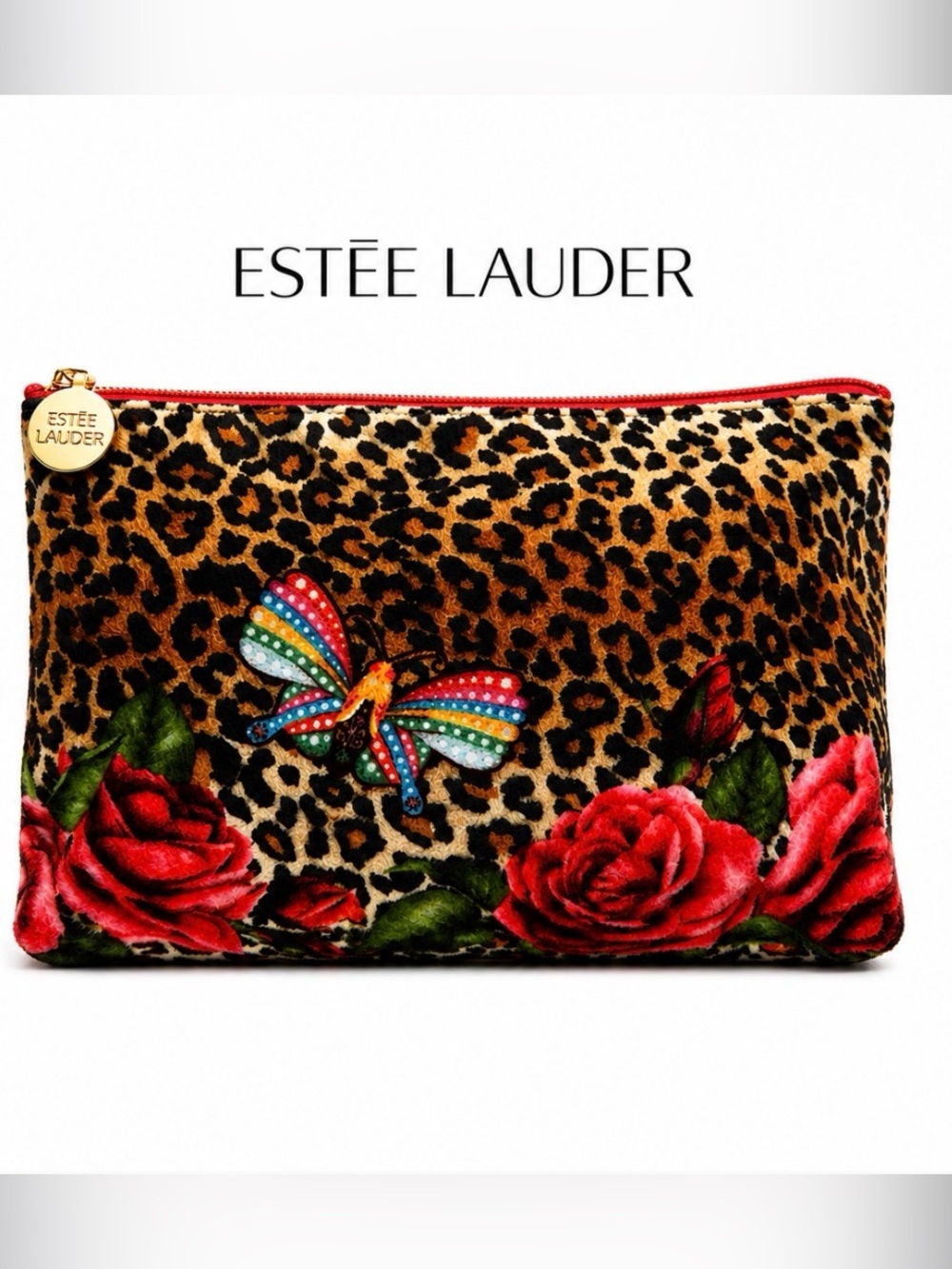 Estée Lauder Leopard Cosmetic Pouch with Red Roses & Multicolor Butterfly NWOT